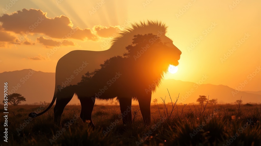 Obraz premium Majestic Lion Silhouette Against Golden Sunrise in Scenic African Landscape