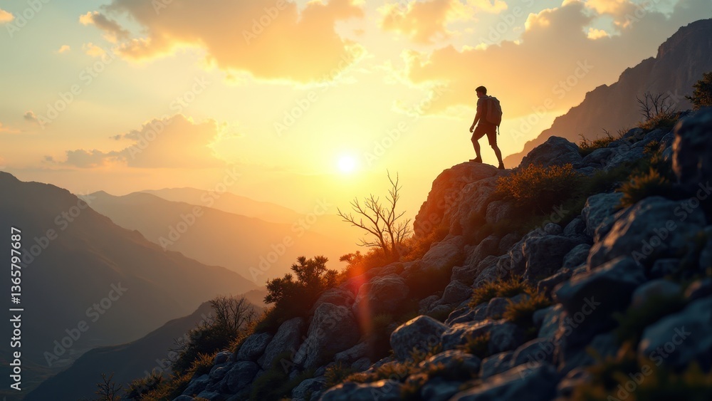 Silhouette of Hiker on Rocky Mountain Cliff at Sunset with Dramatic Sky and Landscape Silhouette of Hiker on Rocky Mountain Cliff at Sunset with Dramatic Sky and Landscape