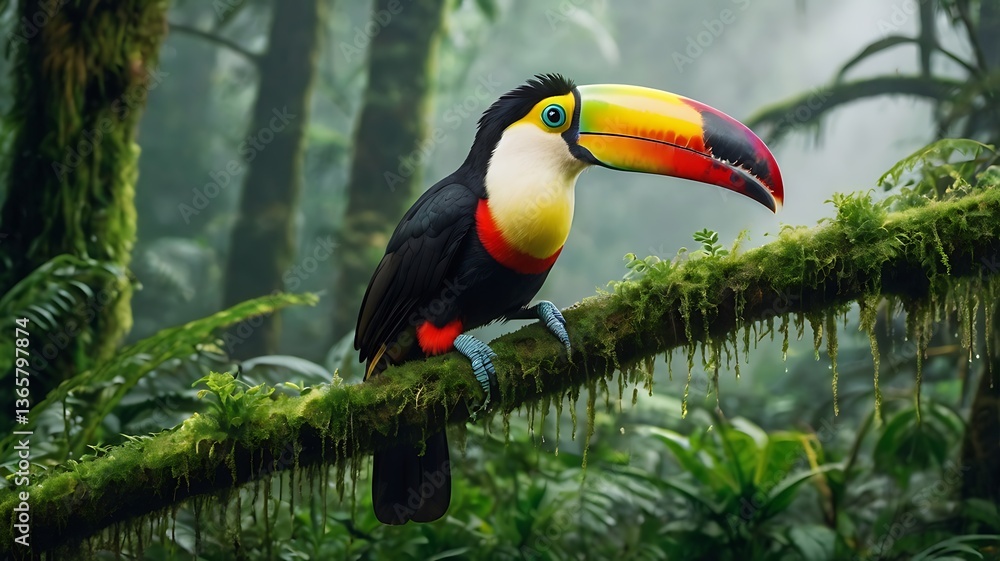 Fototapeta premium A toucan sitting on a mossy branch in a misty rainforest, its giant colorful beak vibrant against the deep green foliage, ultra-realistic lighting