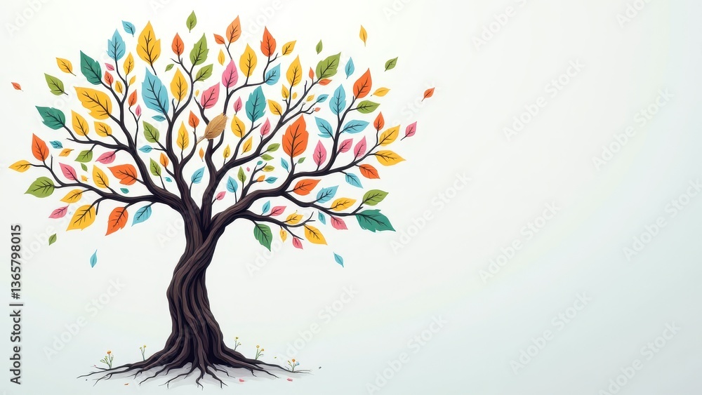 Naklejka premium Vibrant Artistic Tree Design with Colorful Leaves and Branches on Light Background