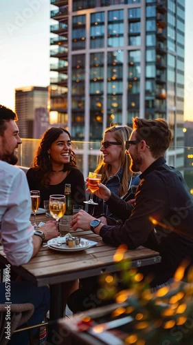A vibrant gathering scene featuring colleagues joyfully celebrating together at a rooftop bar, showcasing a stunning city skyline in the background. Laughter and camaraderie fill the air.