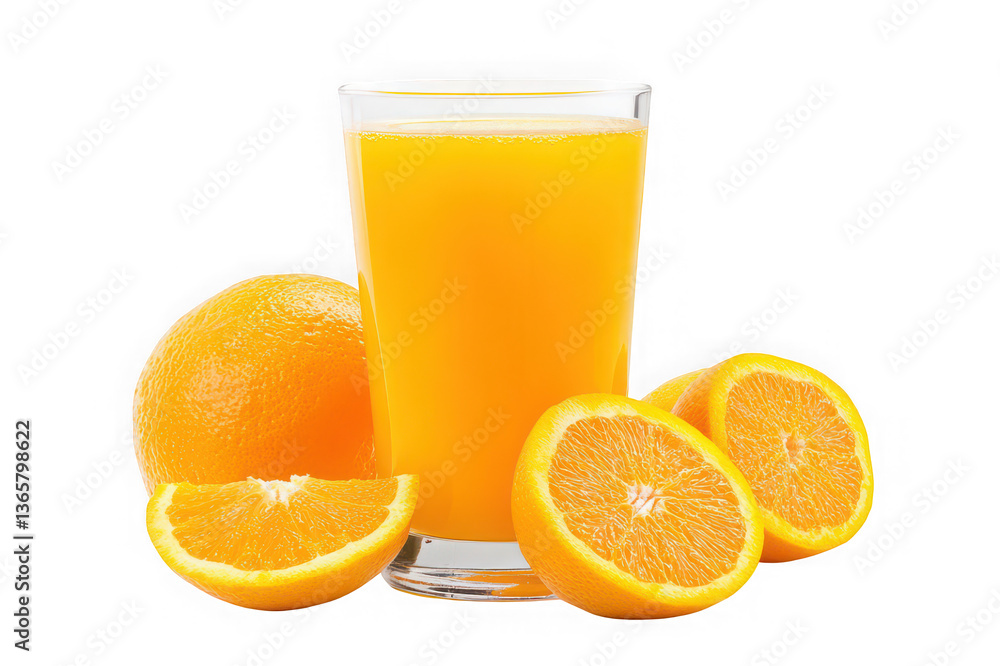 A refreshing glass of sunshine-yellow orange juice, perfectly complemented by juicy orange slices and a whole orange, bursting with vitamin C and summer vibes against a bright white background. A refreshing glass of sunshine-yellow orange juice, perfectly complemented by juicy orange slices and a whole orange, bursting with vitamin C and summer vibes against a bright white background.