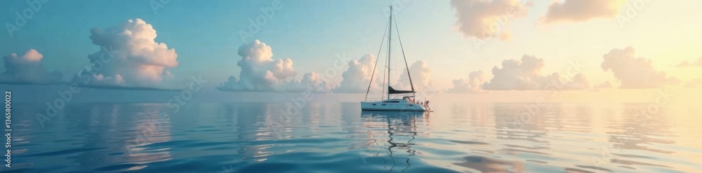 Fototapeta premium Sailboat anchored in calm waters, boat, sailboat