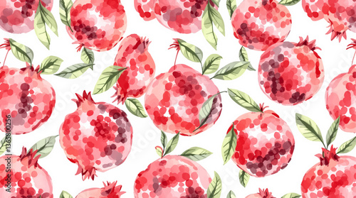 Seamless watercolor pattern with ripe fruit pomegranates. Hand-drawn watercolor illustration. Pomegranate fruits on a white background, pomegranate halves, pomegranate seeds. Juicy fruits.