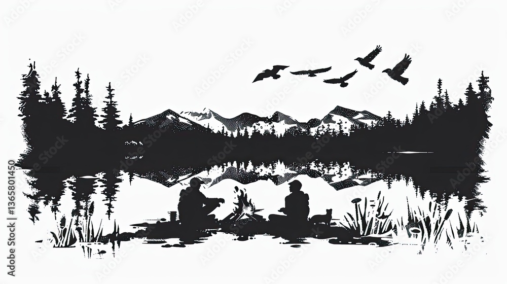 Fototapeta premium people sitting around a campfire with a lake and mountains 