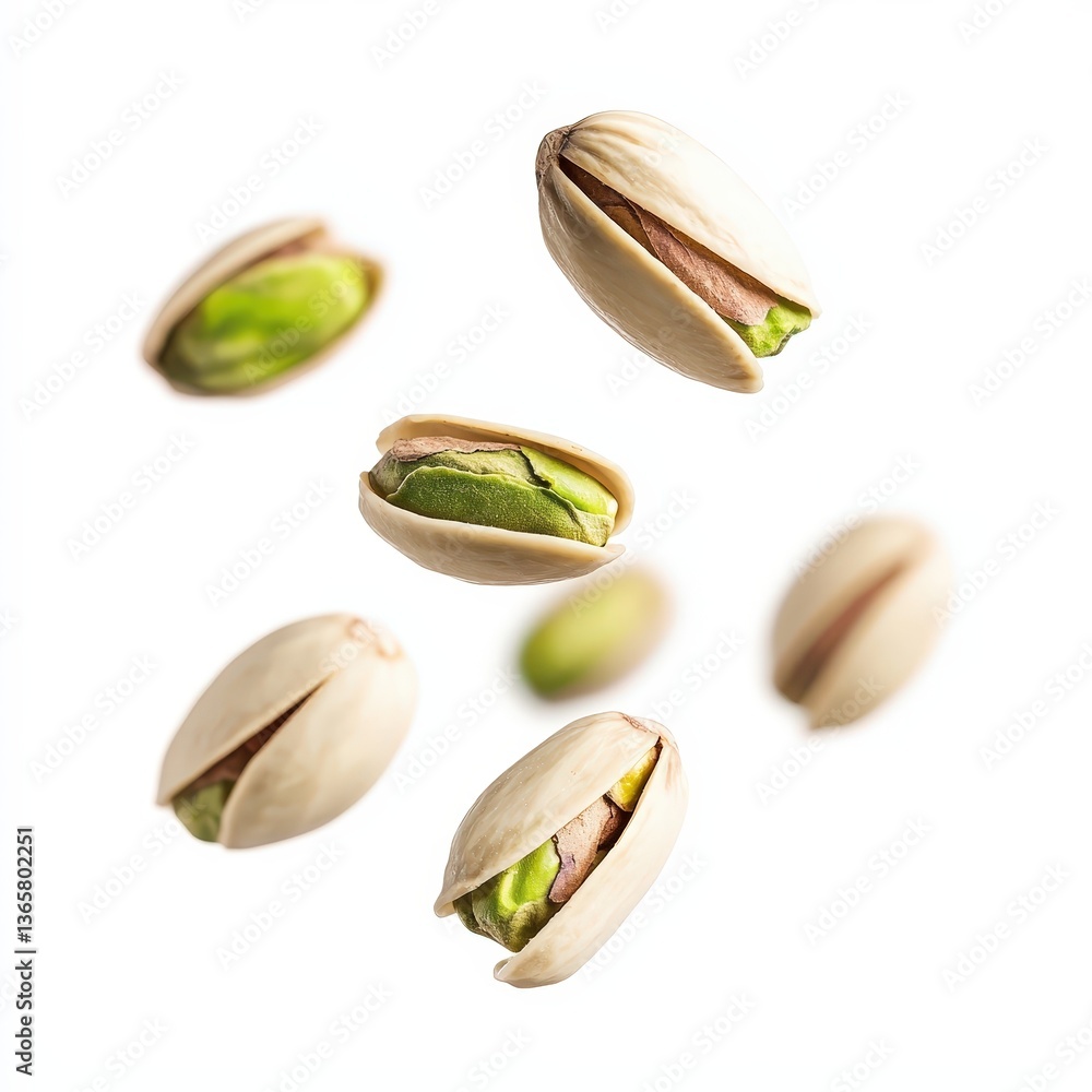 Opened Pistachio Nuts Floating on White Background Opened Pistachio Nuts Floating on White Background