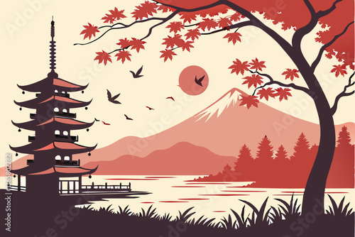 47 Japanese landscape, traditional pagodas, red maple trees, misty mountains, setting sun, watercolor style, ink wash painting, vibrant red and orange hues, silhouettes, tranquil lake, birds in flight