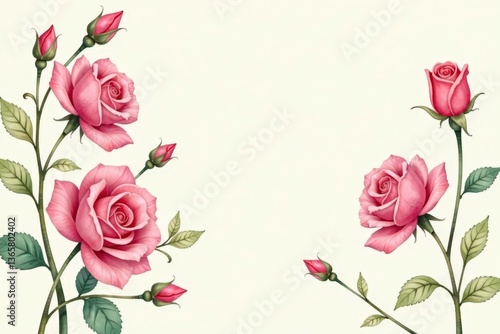 Delicate watercolor roses & buds on a cream background, summer, rose