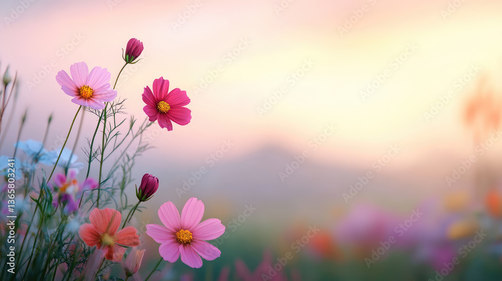 Fototapeta premium serene meadow at sunrise with fog lifting to reveal vibrant flowers, creating peaceful and colorful scene. soft light enhances beauty of blooming flowers
