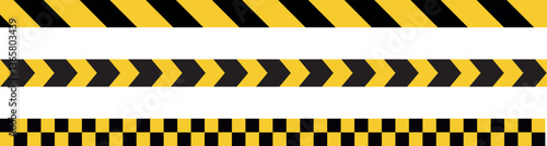 caution warning tape set, Construction border. Warning caution sign. Black and yellow line. Seamless barrier. Included brushes .Long danger ribbon. Vector illustration on white background. 