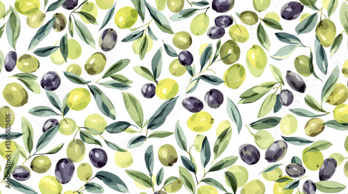 Watercolor olives seamless pattern, Watercolor seamless pattern with olive and green leaves tilted angle