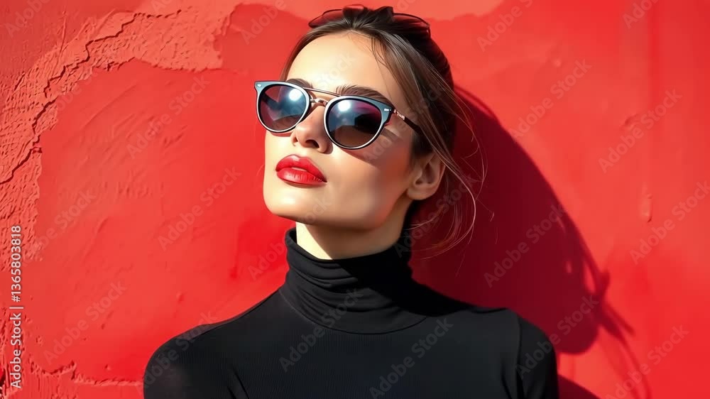 This striking video features a stylish woman in black sunglasses and a turtleneck, posing confidently against a vibrant red backdrop, highlighting her fashion-forward sense and bold character. This striking video features a stylish woman in black sunglasses and a turtleneck, posing confidently against a vibrant red backdrop, highlighting her fashion-forward sense and bold character.