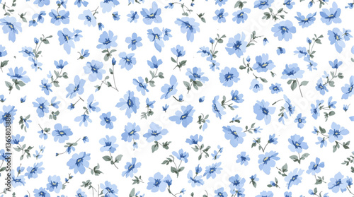 Watercolor blue flowers seamless pattern on white background, Blue flower watercolor seamless pattern. Abstract flower blooming design.