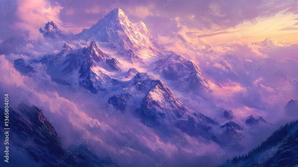 Mountain range shrouded in clouds at dusk Mountain range shrouded in clouds at dusk