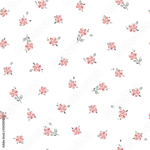 Vector illustration. Seamless Ditsy floral pattern of delicate small pink flowers on a white background. Liberty Floral pattern, field of flowers, print for fabric, textile, wallpaper	