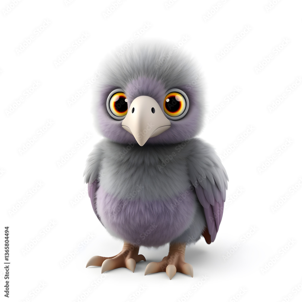 Vulture – 3D baby vulture, tiny round beak, fluffy chubby body, big glowing eyes, pastel gray and purple tones, white background Generative AI