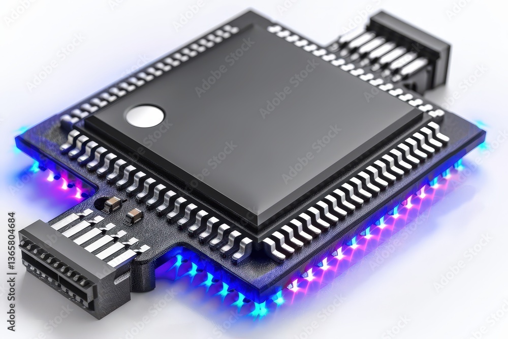 A close-up of a microchip featuring intricate circuitry and LED lighting, showcasing technology and innovation in electronics. A close-up of a microchip featuring intricate circuitry and LED lighting, showcasing technology and innovation in electronics.