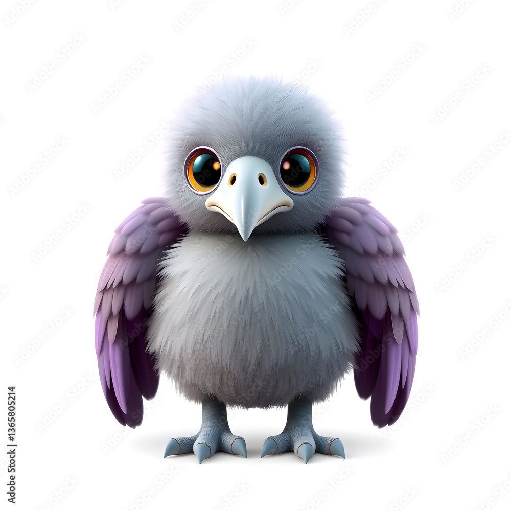 Fototapeta premium Vulture – 3D baby vulture, tiny round beak, fluffy chubby body, big glowing eyes, pastel gray and purple tones, white background Generative AI