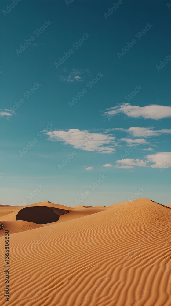 Naklejka premium Serene desert landscape under a vibrant blue sky. Golden sand dunes stretch to the horizon.