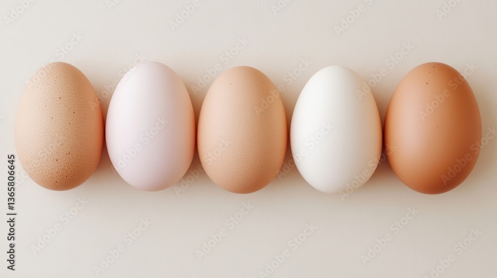 Variety of eggs displayed on a neutral background showcasing different colors and textures in a minimalist arrangement Variety of eggs displayed on a neutral background showcasing different colors and textures in a minimalist arrangement