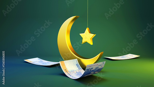 3D rendering of golden Crescent moon and star with string and moroccan dirham notes isolated on green background. Financial Bank  Eid wish post concept idea. Happy Ramadan Mubarak