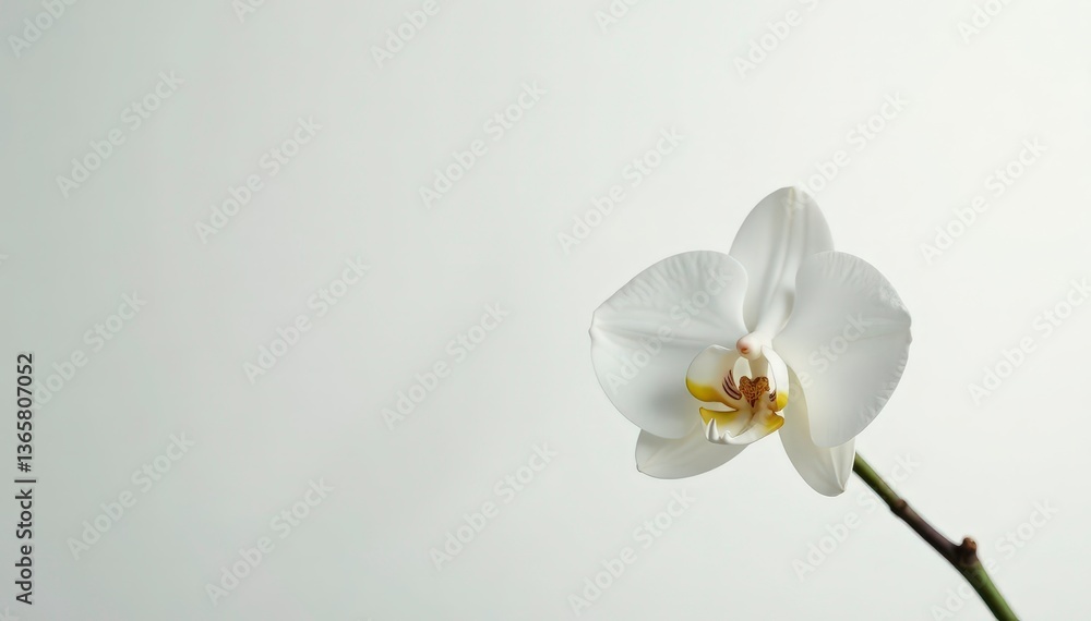 Obraz premium Delicate white orchid blossom against pure white backdrop, botanical, clean
