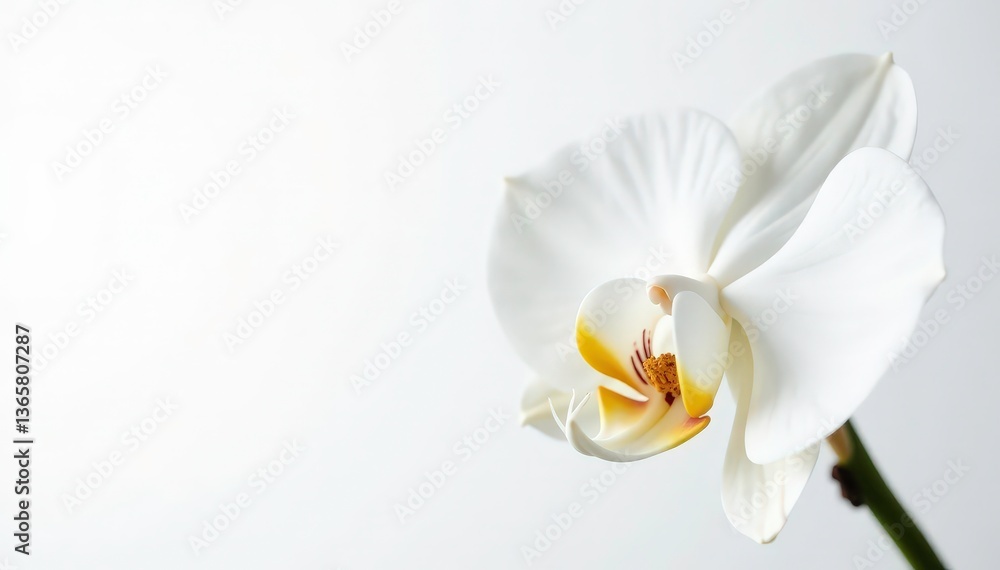 Naklejka premium Delicate white orchid blossom against pure white backdrop, plant, simple, petal