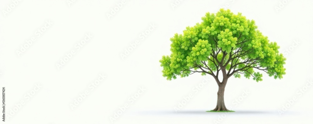 Fototapeta premium solitary tree with green leaves against a white backdrop, solitary, isolated