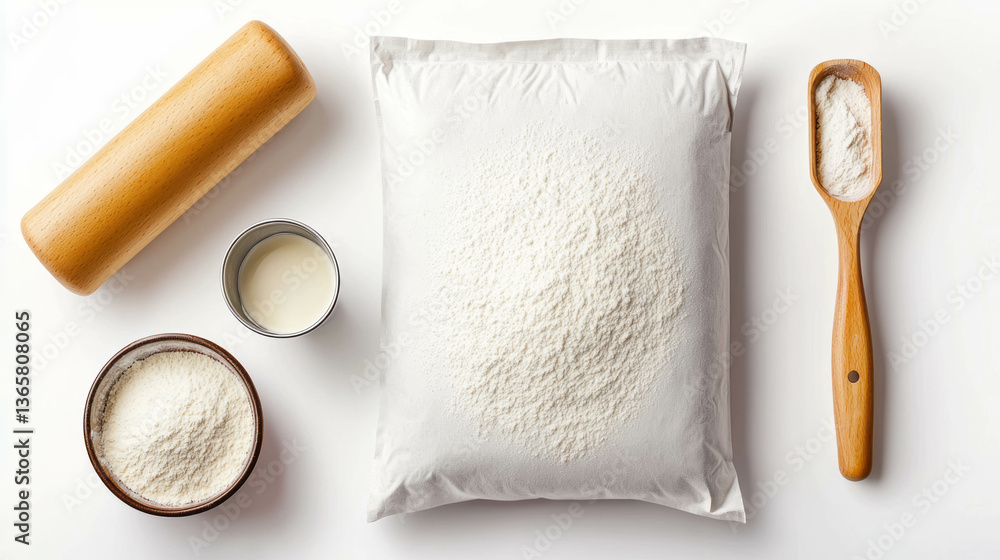 Fototapeta premium Fresh ingredients for baking: flour bag with rolling pin and measuring tools on wood