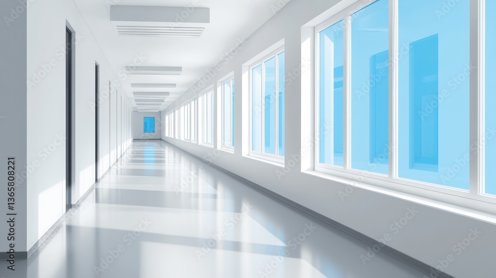 Obraz premium Bright hospital corridor, windows, sunlight, clean, medical