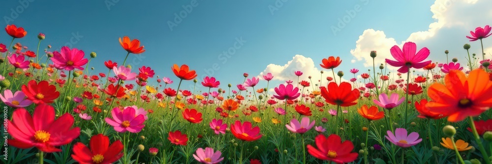 Fototapeta premium A vibrant cosmos field, showcasing a multitude of flowers in full bloom , sunlight, pattern, texture