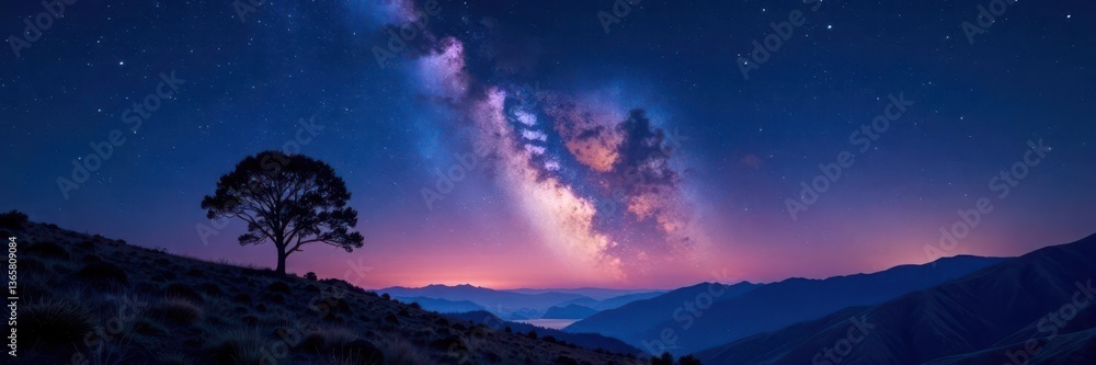 Fototapeta premium Starry night landscape under vast starry expanse, twinkle, cosmos