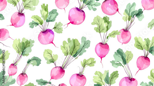 Watercolor pattern beet white background, Seamless watercolor beet and leafy green vegetable pattern on white background, ideal for organic food and kitchen themed designs.