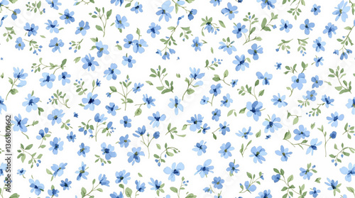 Watercolor blue flowers seamless pattern on white background