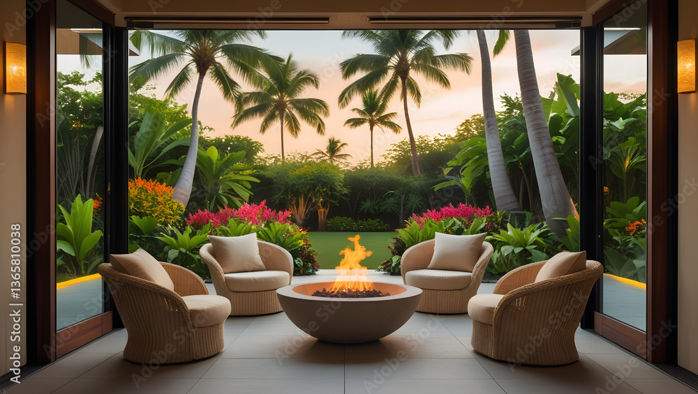 Fototapeta premium Upscale tropical patio with palm-fringed pool, circular fire feature, and seamless indoor-outdoor transition