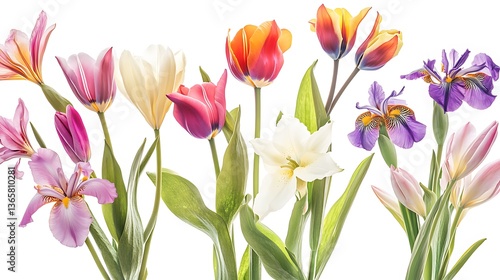 Wallpaper Mural Arrangement of tulips and irises against a bright white background Torontodigital.ca