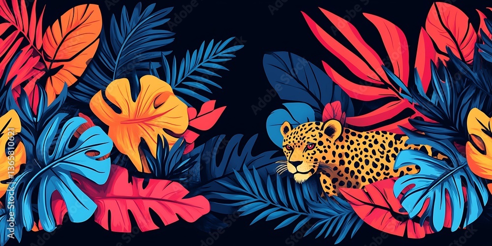 Tropical Leopard Among Vibrant Leaves. Tropical Leopard Among Vibrant Leaves.