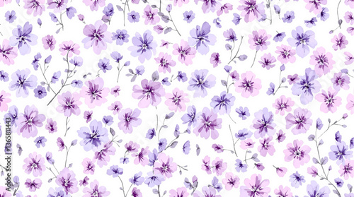 Watercolor style seamless pattern of violet flowers, isolate on white background.