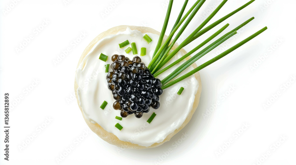 Obraz premium Luxurious black caviar on blini with cream and chives - gourmet culinary delight