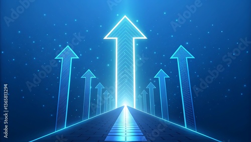 Futuristic blue arrows pointing upwards on a shining road conveying progress, direction, and technological advancement in a modern landscape.