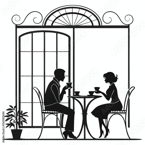 vector silhouette of a man and a woman at a table negotiating on a white background . Generative AI