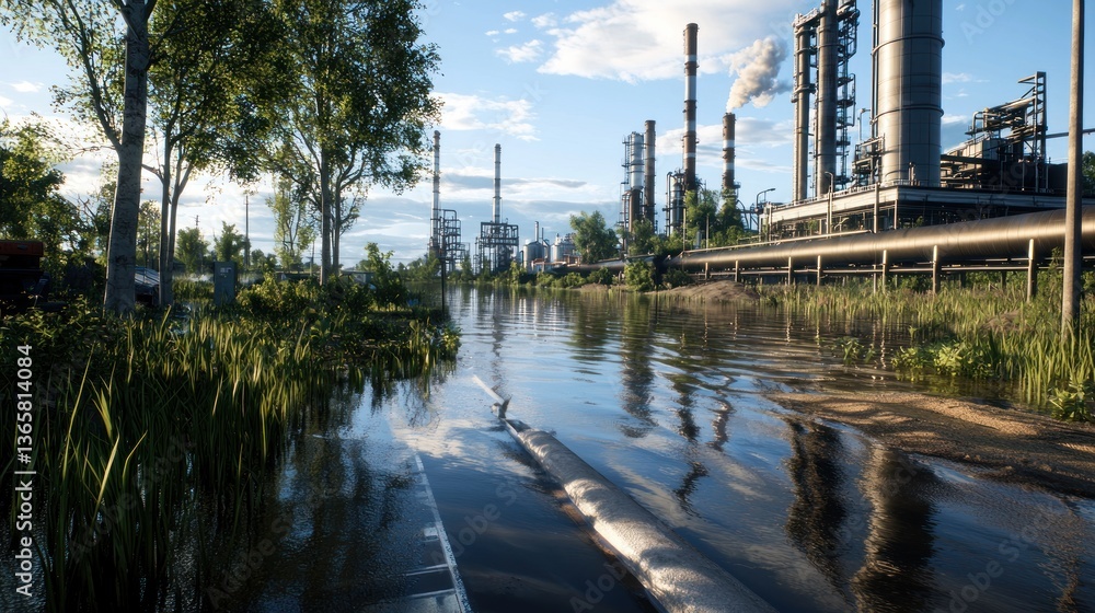 Obraz premium Serene industrial landscape with a calm river reflecting trees and factories under a blue sky