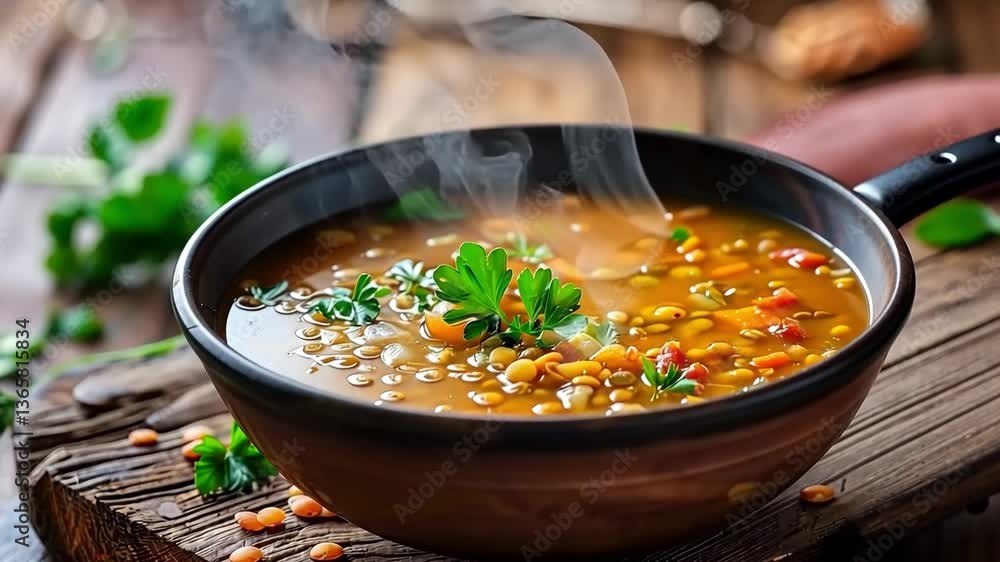 This video captures a steaming bowl of hearty lentil soup, beautifully garnished with fresh parsley, resting on a rustic wooden table. Perfect for food enthusiasts and healthy lifestyle themes. This video captures a steaming bowl of hearty lentil soup, beautifully garnished with fresh parsley, resting on a rustic wooden table. Perfect for food enthusiasts and healthy lifestyle themes.