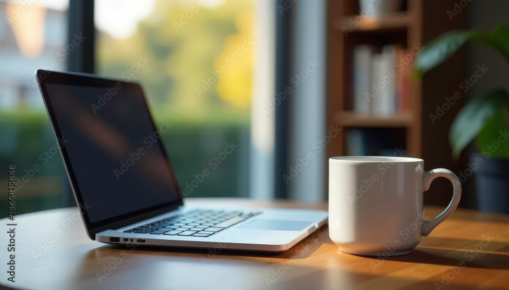 Empty coffee cup, laptop on table, blurred background, evening, calm, night Empty coffee cup, laptop on table, blurred background, evening, calm, night