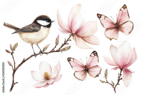 charming watercolor illustration featuring small bird perched branch alongside delicate pink magnolia flowers and graceful butterflies. serene composition evokes sense of tranquility and beauty