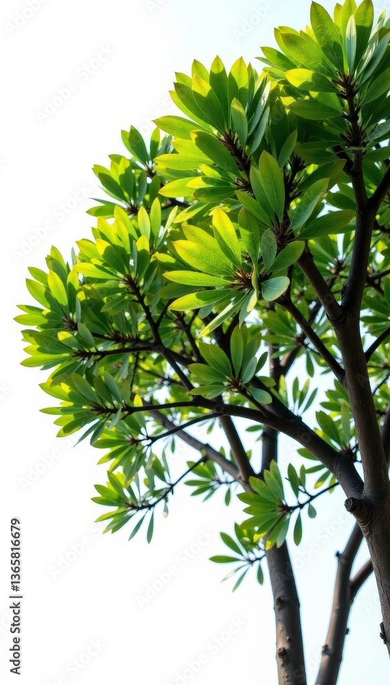 Fototapeta premium Foliage of eucalyptus trees against white background, verdant, tree, eucalyptus