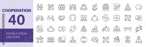 Cooperation icon set. Business related line icons: teamwork, corporation, meeting, partnership, support, society, group, communication, friendship and more. Editable stroke. Vector illustration.