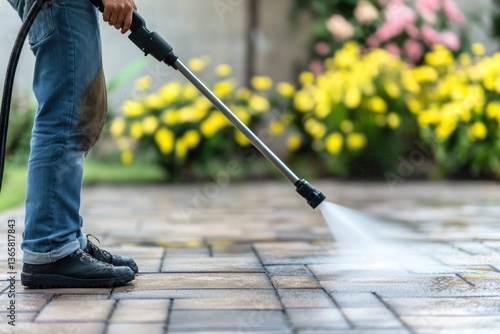 Power washing cleaning paving stones