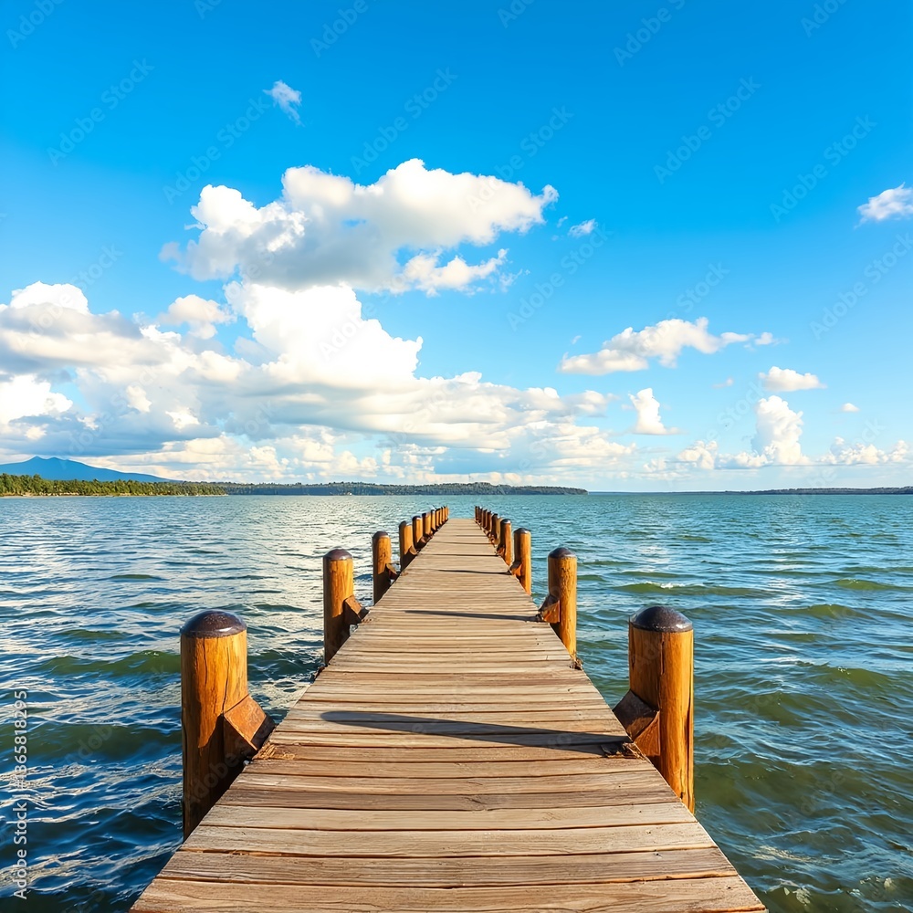 Fototapeta premium Tranquil Lake Pier Under Blue Sky