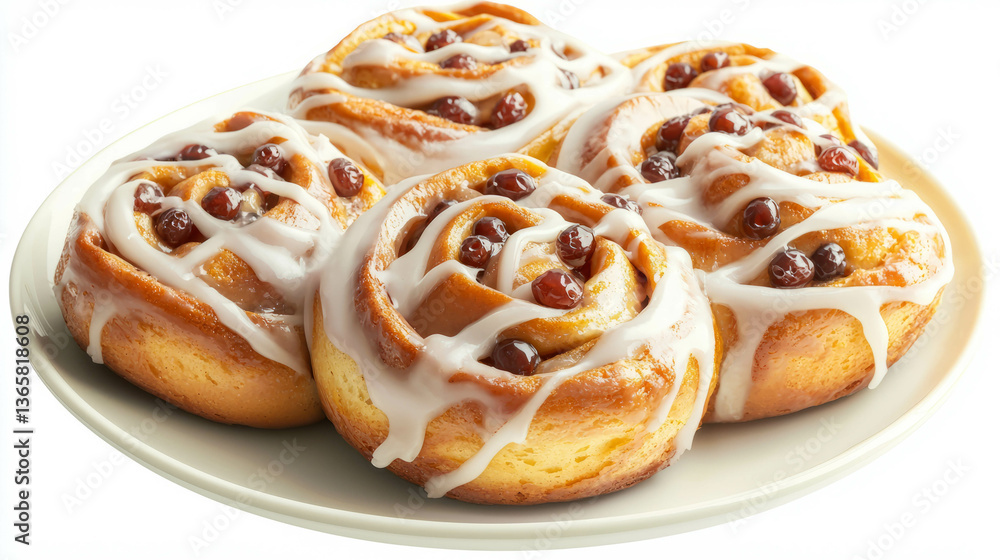 Freshly baked chelsea buns with currants and icing on a plate Freshly baked chelsea buns with currants and icing on a plate